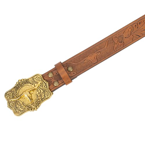 Image of UTOWO Rodeo Western-Longhorn-Bull Cowboy-Belt for Women-Men Bull-Floral-Embossed PU-Leather Cowgirl Waist Belt for Jeans