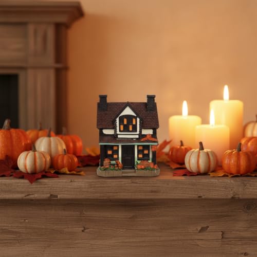 Casa de calabaza de otoño rústica con luz decorativa tenue 5