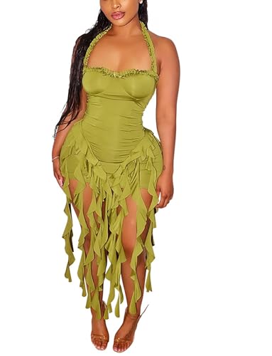 Image of Aro Lora Womens Sexy Halter Neck Sleeveless Ruffle Tassel Party Club Bodycon Mini Dress