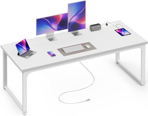 Huuger 63 x 24 inch Desk with Power Outlets & USB-C, Deeper & Thicker Desktop, Robust Metal Tubes, Computer Desk, Heavy Duty Office Desk, Work Gaming Desk, for Home Office, White