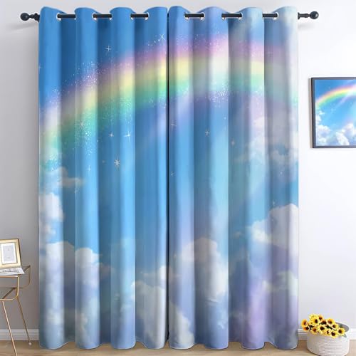 Genérico Cortina Opaca Fotografía Cielo Azul Nubes Blancas Arcoiris Impresión 3D Cortinas con Ojales Juego de 2 Paneles 117 x 229 cm para niños, niñas, Cortinas de Ventana para Dormitorio