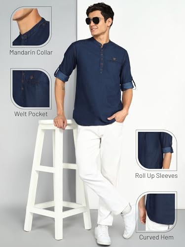 Image of Kuons Avenue Men's Denim Casual Short Kurta | Mandarin Collar | Full Sleeves | Tailored Fit- Stylish Ethnic Wear