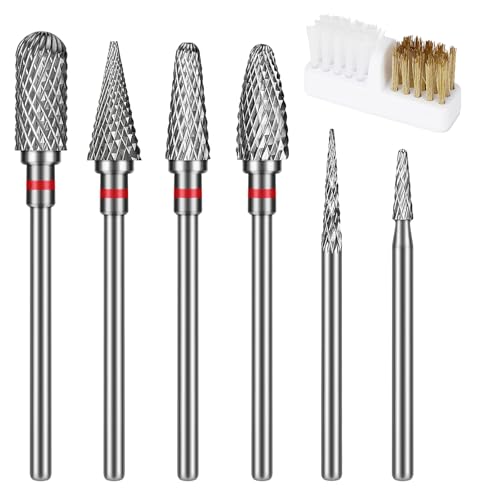 Fresas Torno para Uñas, Brocas para Uñas, 6 Piezas Fresas para Torno Manicura+1 Cepillo, 3/32 Pulgadas Brocas para Uñas de Carburo de Tungsteno, para Uñas Limpieza Profesional de Cutículas Brocas