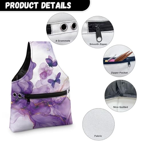 Image of KUIFORTI Butterfly Yarn Bag Purple Marble Knitting Crochet Tote Bag, Yarn Storage Bags Organizer, Crochet Accessories Stylish Crochet Bags for Crocheting Project, Small Size