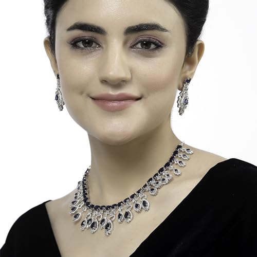 Image of ZENEME Rhodium-Plated American Diamond Studded Oval & Teardrop Shaped Necklace With Earrings Jewellery Set For Girls and Women
