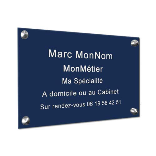 Targa professionale in plexiglass, classica, 25 x 15 cm, colore: blu, con incisione bianca a 5 righe, spessa 5 mm
