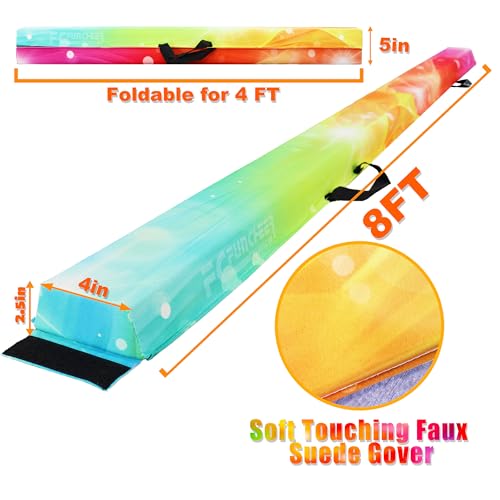 FC FUNCHEER 6FT/9FT Folding Balance Beam for Kids- Gymnastics Foam Floor Beam,Anti-Slip Bottom with Carrying Bag, Faux Suede Covered,Gymnastics Equipment for Home (Faux Suede, Starlight Rainbow, 8FT) - Thumbnail 2
