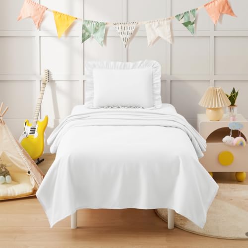 Image of KKJIAF 3 Piece Toddler Sheet Set Microfiber, Includes a Flat Sheet, a Fitted Sheet and a Ruffle Pillowcase, White