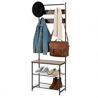 Taylor & Brown Coat Rack with Shoe Storage, Hall Tree, Coat Stand with Shoe Bench for Hallway, 7 Hooks, Top Bar, 32 x 65 x 180 cm, Bedroom, Industrial, Rustic Brown and Black