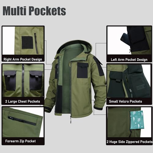 Image of Men's Outdoor Tactical Jacket Softshell Waterproof Lightweight Windbreaker Multi Pockets Hunting Hiking Jackets Green XXXL
