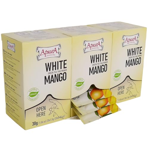 Apsara Premium té de Mango Blanco, juego de 3 (60 bolsitas de té), té verde y té blanco muy fragante con una nota afrutada, maravillosa combinación de té blanco y té verde