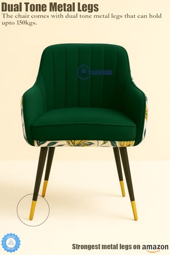 Image of Designer Accent Chair with Floral Printed Back & Footstool | Velvet Lounge Chair for Living Room, Makeup Vanity & Bedroom. (Green Floral Set)