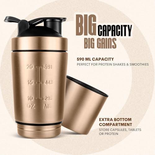 Image of Stainless Steel Shaker Bottle for Protein, 590ml Water Bottle with Extra Compartment | Leak-Proof, BPA-Free, Durable, and Multi-Functional for Protein Shakes (Bronze)