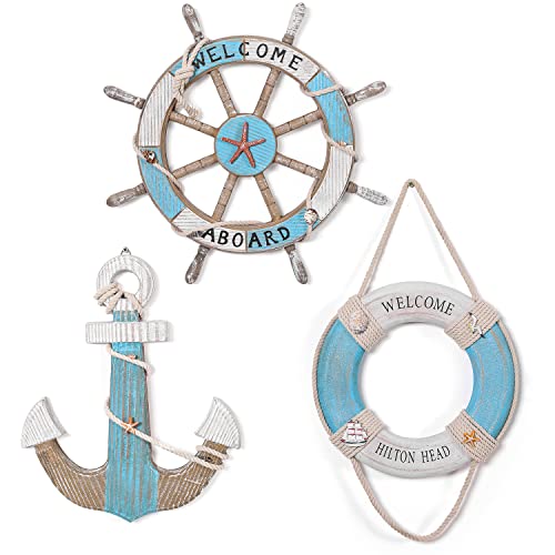 Asense Set of 3-17.4" Nautical Beach Wooden Ship Steering Wheel, 11.8" Nautical Beach Ship Wooden Ring and 15.1" Wood Anchor with Rope, Beach Theme Home Decoration, Blue & White