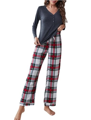 Pyjama femme ensemble plaid lounge pantalon vêtements de nuit manches longues col V