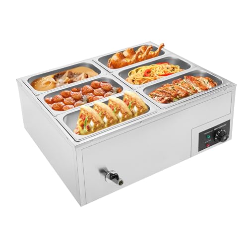 Commercial Electric Food Warmer 6-Pan Buffet Countertop Steam Table 850W Stainless Steel Electric Food Warmer 110V Electric Steam Table for Catering Restaurant