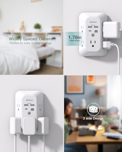 Image of Addtam 5-Outlet Extender Surge Protector, Multi Plug Wall Outlet with 4 USB Wall Charger(PD 30W), Outlet Splitter Power Strip for Home Office Dorm Room Essentials, Plug Extension Outlet 1800J