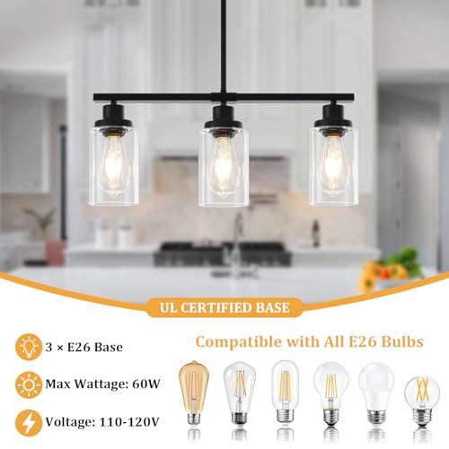 Modern Island Lights for Kitchen Black Dining Room Light Fixtures Over Table 3-Light Farmhouse Linear Chandelier Clear Glass Kitchen Lights Ceiling Adjustable Hanging Pendant Lighting Over Island by YUEMZS - Used condition - Image 5