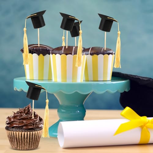 Spakon 50 Pack Graduation Cap Cupcake Toppers with Gold Tassels Chocolate Decorations Paper Grad Cupcake Picks for Crafts for Graduation Party Supplies Black and Gold