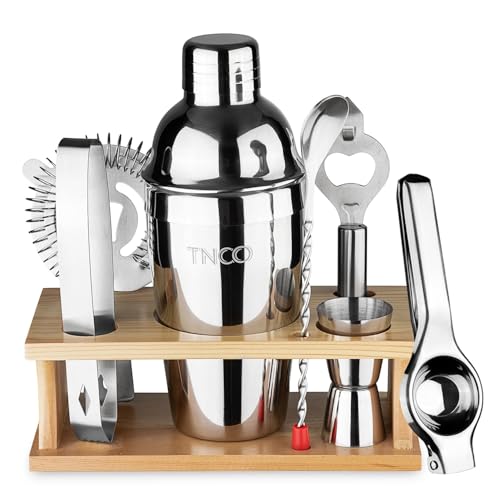 Mixology Bartender Kit Cocktail Shaker Set: 8-Piece, Bar Tools with Wooden Stand, Bar Set with All Essential Accessory Tools: Martini Shaker, Jigger, Strainer, Mixer Spoon Ect, (Silver)