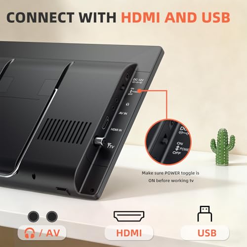 DESOBRY 12 Zoll Tragbarer Smart TV mit Android, Mini Fernseher für Küche, Caravan, Camping, HDMI USB AV Kopfhörer, DVB-T2 Freeview, 180° Verstellbarer Stand – Bild 4