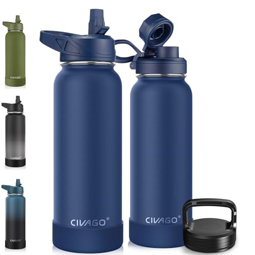 Image of CIVAGO 40 oz Insulated Water Bottle With Straw, Stainless Steel Sports Water Cup Flask with 3 Lids (Straw, Spout and Handle Lid), Double Walled Travel Thermal Canteen Mug, Navy Blue