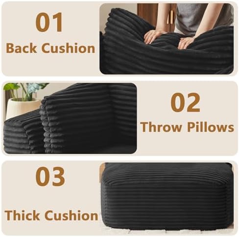 45” Chaise Lounge Chair Indoor, Corduroy Oversized Chaise Lounge with 3 Pillows for Bedroom Living Room, Boneless Chair with Armrest, No Assembly Required (Black)