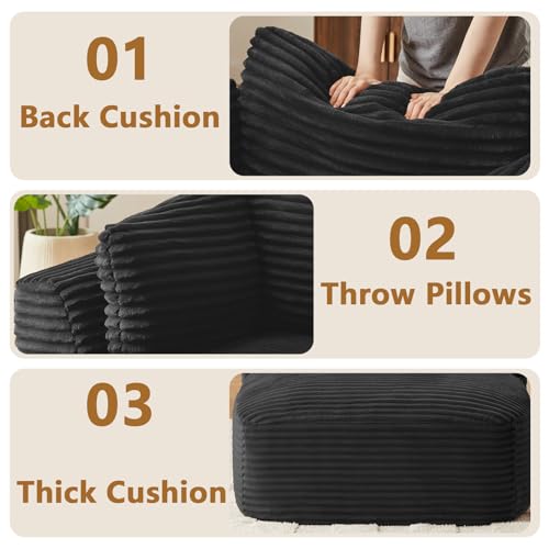 45” Chaise Lounge Chair Indoor, Corduroy Oversized Chaise Lounge with 3 Pillows for Bedroom Living Room, Boneless Chair with Armrest, No Assembly Required (Black)