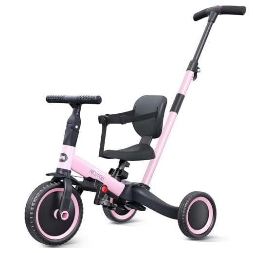 newyoo Toddler Tricycle,Toddler Bike,Birthday Gifts and Toys for 1-3 Year Old Boys and Girls, Trike with Push Handle, Backrest and Safety Belt, Balance Bike, TR007, Pink