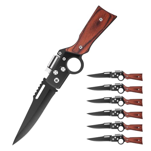 Uninuou AK47 Style Tactical Folding Pocket KnifeBlack 6-Pack Bulk Set with LED Light Wood Handle Laser Engraving Ready Best Man Gifts Outdoor Camping Hiking Gear for Groups (6)