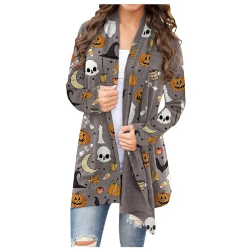 FASHGL Halloween Cardigan for Women Pumpkin Face Print Tunic Shirt Spooky Season Lightweight Long Sleeve Cardigans