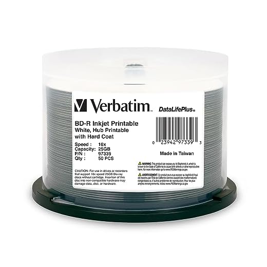 Verbatim BD-R 25GB 16X DataLifePlus White Inkjet Printable, Hub Printable - 50pk Spindle (97339)