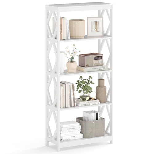 COSTWAY 5-stöckiges Bücherregal, offenes Holzregal mit rhombischer Struktur, Standregal weiß, freistehendes Aufbewahrungsregal für Küche, Wohnzimmer & Schlafzimmer, 70 x 30 x 155 cm
