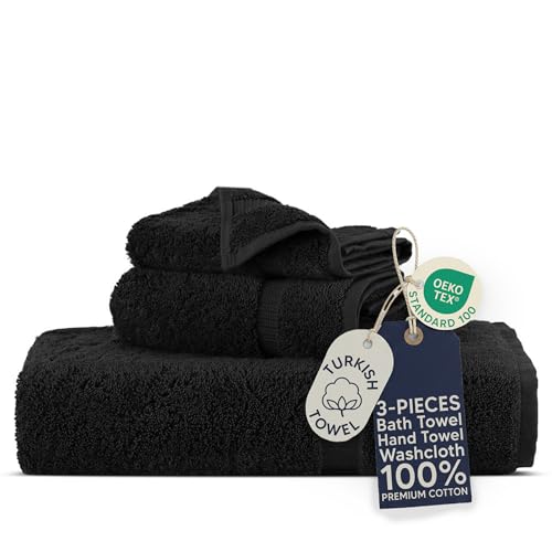 Towel Bazaar Premium Turkish Cotton Super Soft and Absorbent Towels (3-Piece Towel Set, Black)
