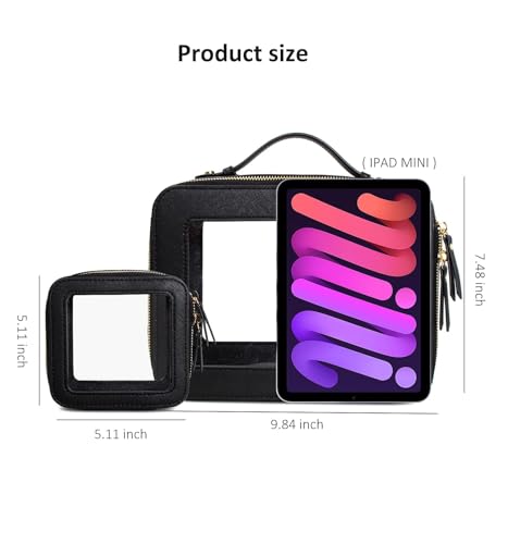 Image of Clear Makeup Bag Set, Portable Travel Toiletry Bag Cosmetic Case for Women, Vegan Leather Make up Pouch Organizer Car Bag for Essentials (Mini+Large Black)