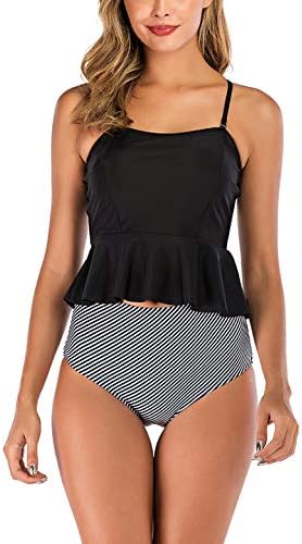 Macolily Juniors Two Piece Ruffle Tankini Top Mid High Waist Bikini Bottom Swimsuit Bathing Suit