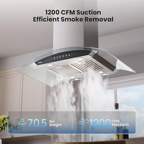 Image of VIKIO HOME 30 inch Island Mount Range Hood, 1200 CFM Upgraded Range Hood, Ducted Vent Hood with 3 Speed Fan and 4 LED Lights, Gesture Sensing&Touch Control, Stainless Steel& Tempered Glass