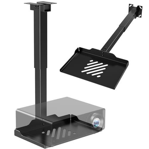 Projector Ceiling Mount with Tray, Adjustable Height Universal Bracket with Concealed Cable Management, No Hole Installation, Holds up to 22 lbs – Ideal for Home Theater & Office (Black)