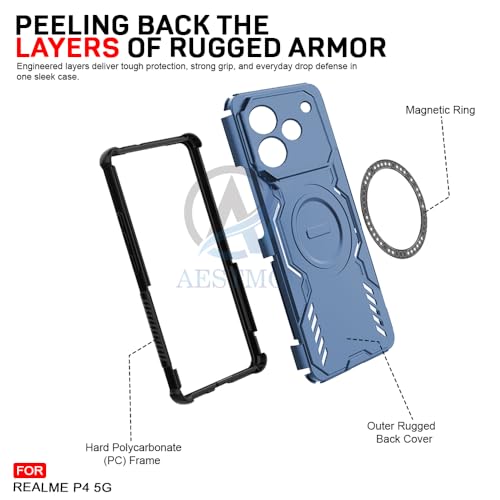 Image of AESTMO Back Case Cover for Realme P4 5G | Magnetic Case with Built-in Metal Ring | Compatible with MagSafe Accessories | Shockproof Hybrid (PC + TPU) (Blue)
