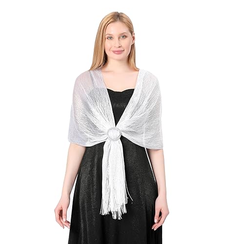 Image of Stoles for Evening Dress with Buckle, Fringes - Polyester Blend, Shimmer Stole Wraps for Weddings, Party | Women's Clothing