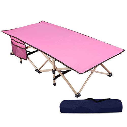 REDCAMP Extra Long Kids Cot for Sleeping 5-10, Sturdy Portable Folding Toddler Cot Bed for Boys Girls Camping Travel, Pink 53x29