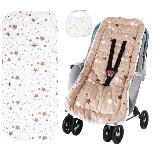 AOGOE Baby Pushchair Seat Liner, Reversible Pram Liner with Bibs, Universal 100% Cotton Pushchair Liner Stroller Seat Pad, Breathable Buggy Seat Cover, Washable Warm Infant Seat Mat for Most Pushchair