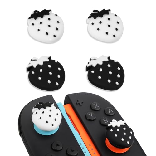 TIKOdirect Thumb Grip Caps Compatible with Nintendo Switch 2/ Switch 2 Pro Controller, Silicone Joystick Caps Grips 4PCS Soft Protective Button Cover, Strawberries, Black and White