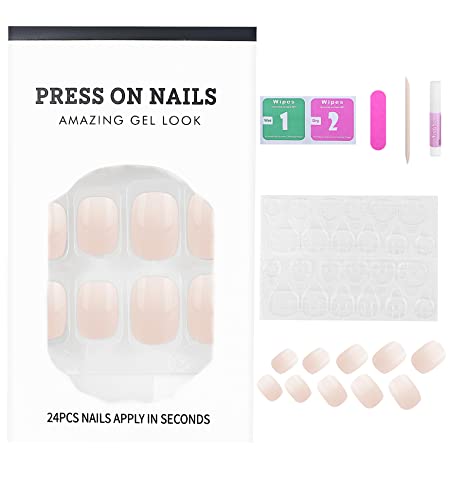 24 Pcs Ombre Press On Nails Short, Square Fake Nails With Nail Glue, Pink White Ombre Glue On Nails False Nails For Women #TOP5