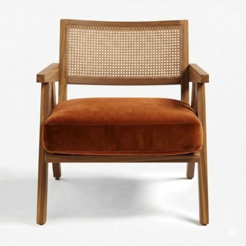 Image of Kingsman Furnitures ABEL Rattan Teak Wood Accent Arm Chair for Home Bedroom, Living, Dining, Drawing Room | Ultra Soft and Comfortable for Stress Free | Removable Cushion (KF-Bronx-BurntOrange-Velvet)