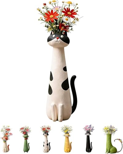 Bomkra Handcrafted Cat Vase Whimsical Kitty Planter for Small Flowers Boho Desk Shelf Decor Unique Gift for Cat Lovers (White)