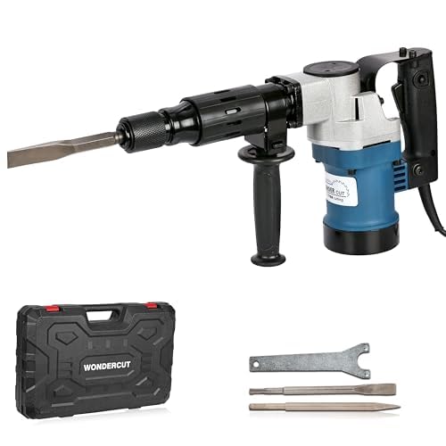 Image of WONDERCUT WC-DHP-005-B Demolition Hammer with 35mm Cylinder, 100% Copper, 15J Force | 1200 Watts, 3600 BPM with 2Pcs 17mm Hex Chisels,Spanner & BMC Box | Concrete & Masonry Breaker |Blue & Black