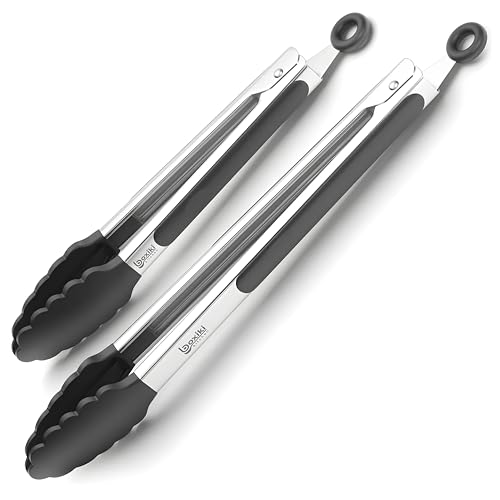 Kitchen Tongs for Cooking with Silicone Tips by Boxiki Kitchen, BPA Free Stainless Steel set of 2 Silicone Tongs for Cooking, Grilling & Toss a Salad, Heat Resistant Grill Tongs for Serving Food.
