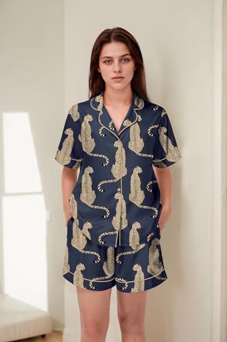 Image of SHESHOW Satin Pajamas for Women Set Preppy Animals Pjs Short Sleeve Shorts 2 Piece Loungewear Sets XS-XXL