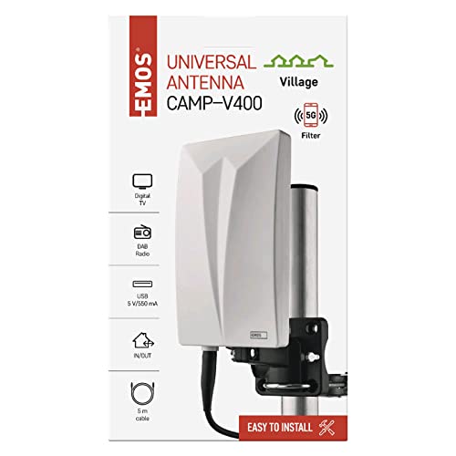 Miniatura 7 de Emos - Antena Interior Y Exterior Village, Antena Activa Universal Para Recepción A Distancia 0-80 Km De Dvb-T2, Dab, Fm, Full Hd, Con Filtro Lte Integrado, Filtro 4g, 5g Y Amplificador